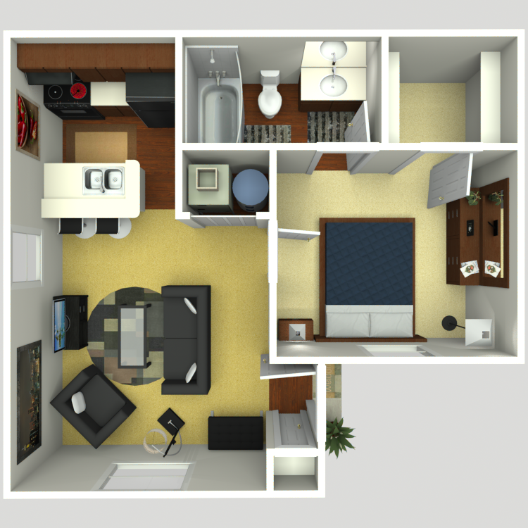 Floor plan for 1 bed, 1 bath, 480 sqft